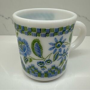 Vintage Hazel Atlas Milk Glass Blue Green Floral Stitch Checkered Mug Cup